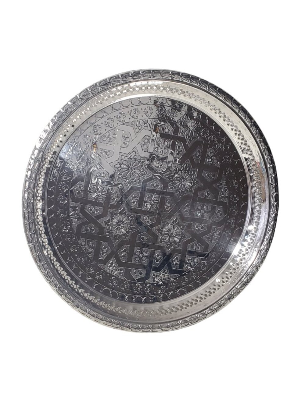 Moroccan Silver-Plated Engraved Tea Tray | Round Serving Tray | Boho Decor